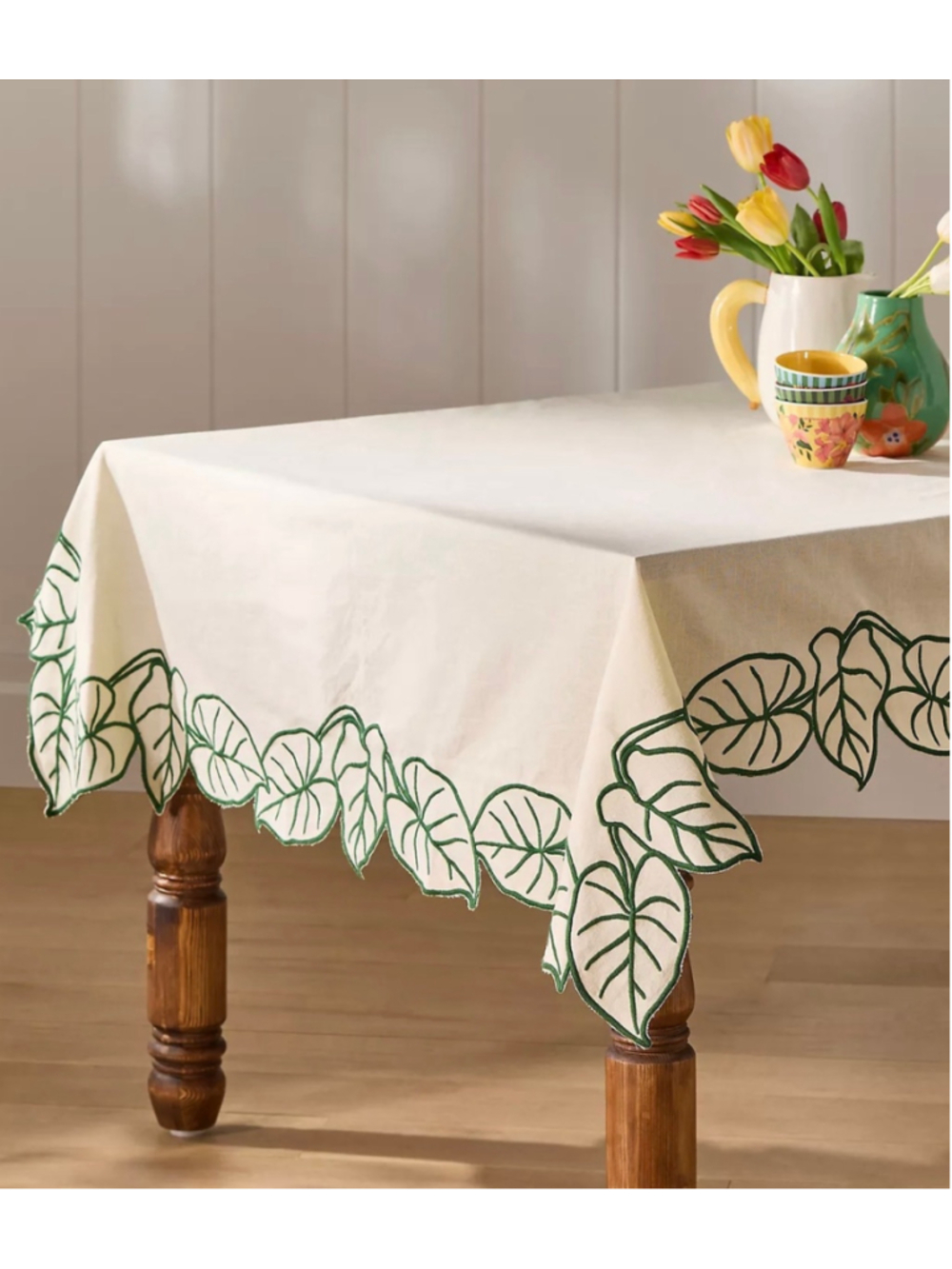 Farm Rio x Anthropologie Embroidered Botanical Tablecloth NWT Cream Green 59x87